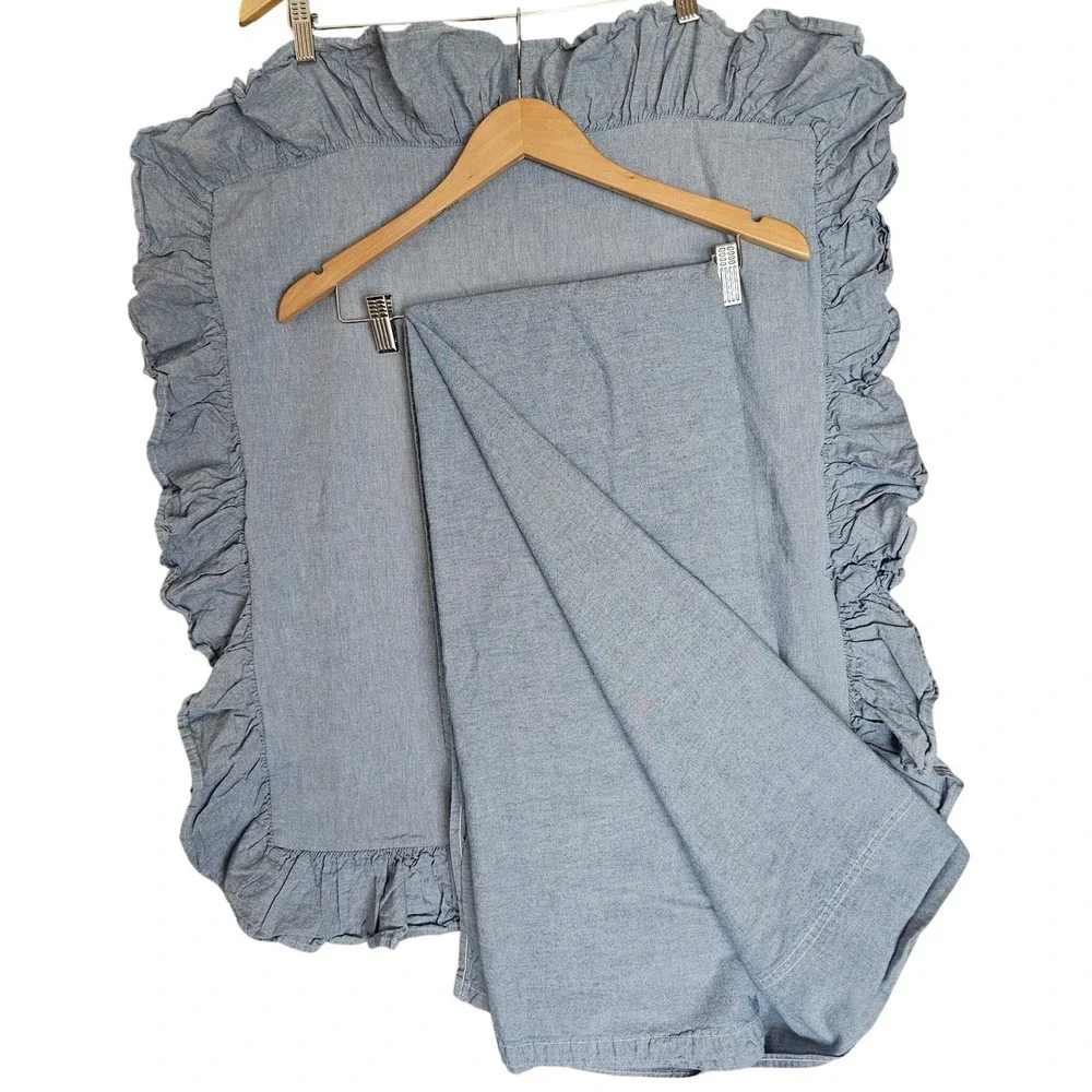 Ralph Lauren Blue Chambray Ruffle Euro Sham /Flat Sheet Set Cotton USA Queen